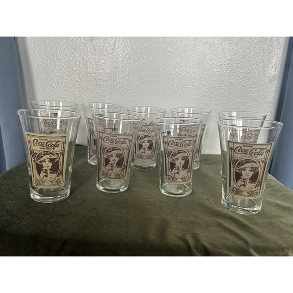9-PC Vintage Coca Cola 16oz Drinking Glasses Gibson Girl Collectible Gift Archiv